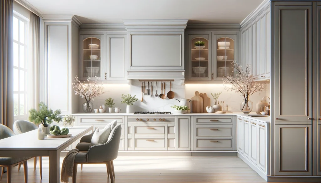 This kitchen features sleek, modern, high-end cabinets with elegant finishes, bright and airy with subtle spring decorations, including a few potted plants and minimal floral arrangements. The overall aesthetic is clean and sophisticated, capturing the essence of luxury and spring freshness in a widescreen format.