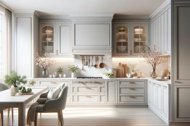 Inspiration for Spring Kitchen Design by Custom Cabinet Maker CabinetCures.com This kitchen features sleek, modern, high-end cabinets with elegant finishes, bright and airy with subtle spring decorations, including a few potted plants and minimal floral arrangements. The overall aesthetic is clean and sophisticated, capturing the essence of luxury and spring freshness in a widescreen format.