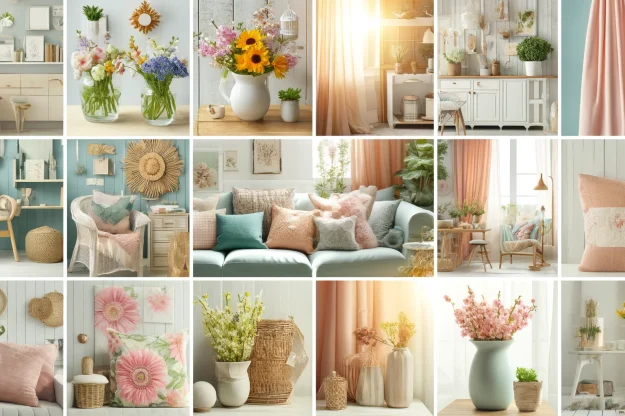 A collage featuring various springtime decor for a house. Include elements such as fresh flowers in vases, pastel-colored cushions, light and airy fab A collage featuring various springtime decor for a house. Include elements such as fresh flowers in vases, pastel-colored cushions, light and airy fab