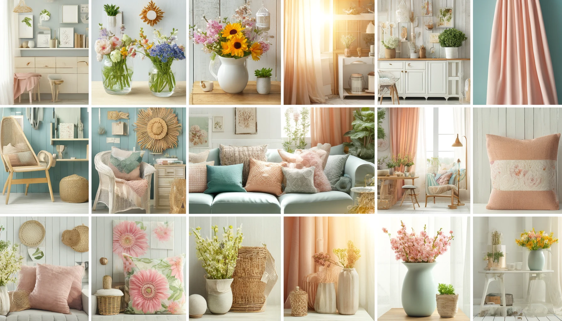 A collage featuring various springtime decor for a house. Include elements such as fresh flowers in vases, pastel-colored cushions, light and airy fab