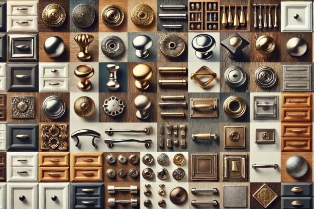 How to Choose the Perfect Hardware for Your Custom Cabinets An image of various cabinet hardware for an article called "How to Choose the Perfect Hardware for Your Custom Cabinets"