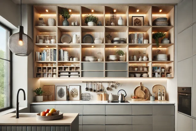 Modern Kitchen with Custom Cabinets and Open Shelving Modern kitchen with custom cabinets and integrated open shelving