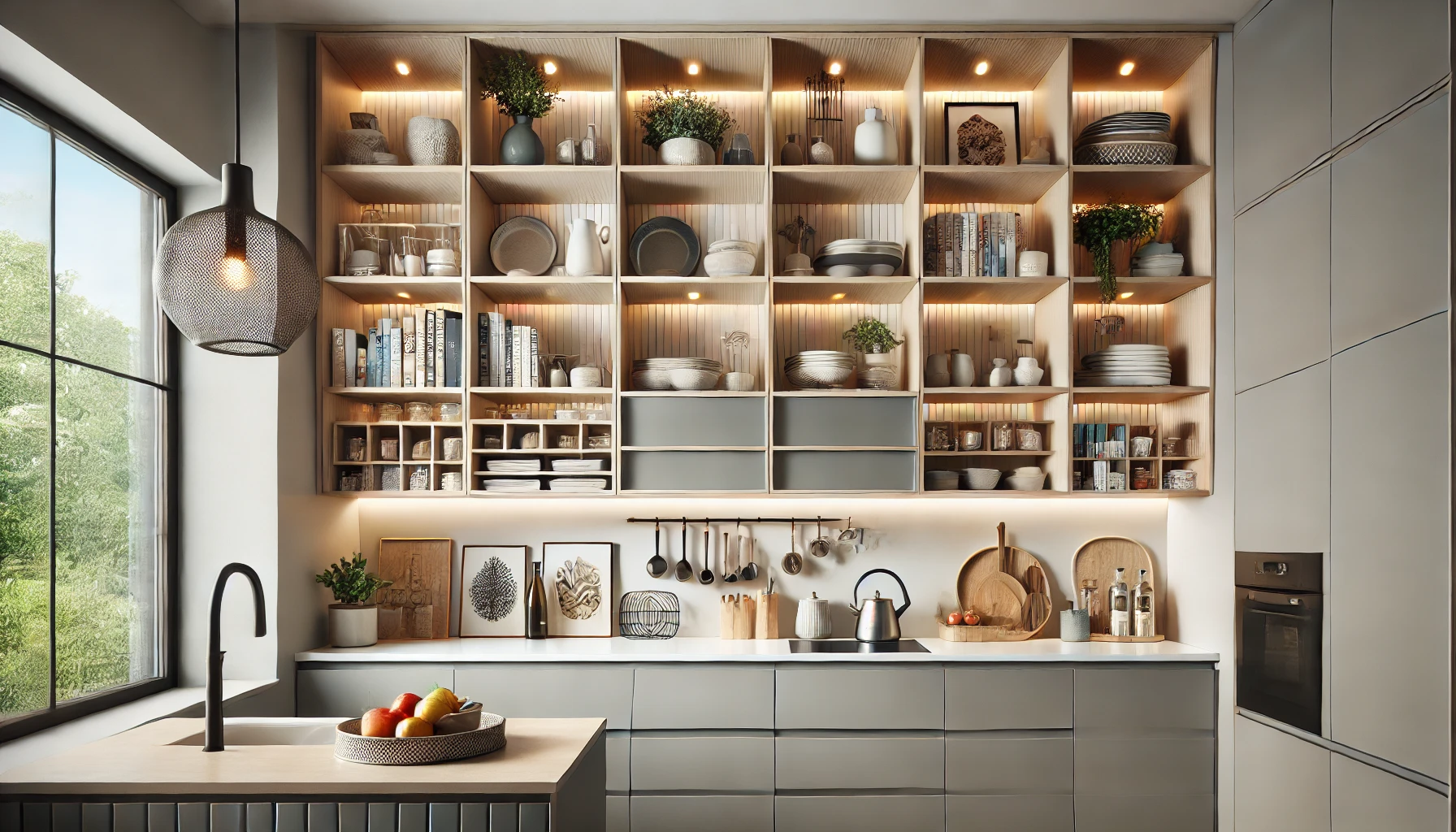 Modern kitchen with custom cabinets and integrated open shelving