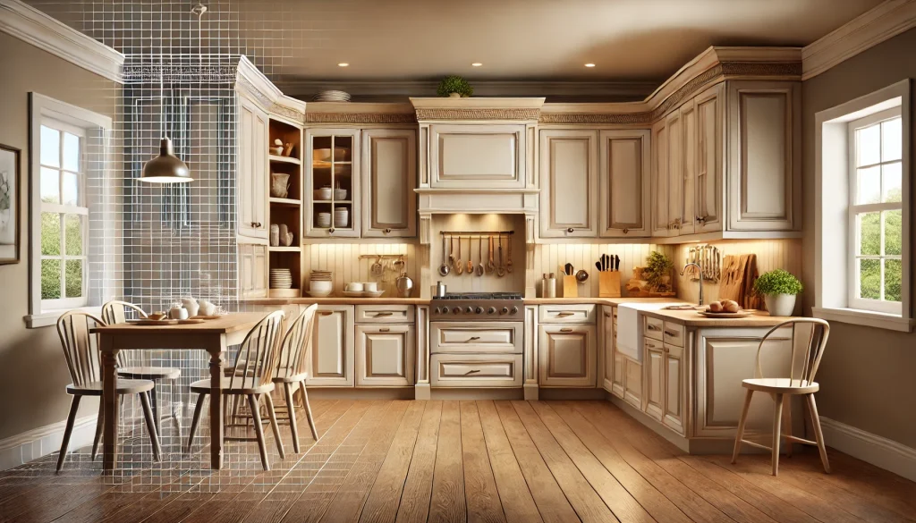 Refaced kitchen cabinets with quarter-inch plywood skins and custom crown moldings, showcasing professional cabinet refacing services in Sherwood, Oregon.
