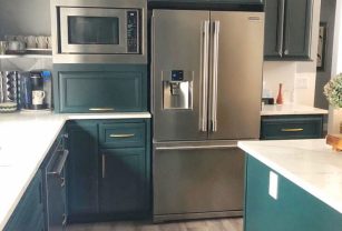 green cabinets and stainless Kitchen in Portland, OR featuring green cabinets and stainless steel appliances, ideal for cabinet repairs