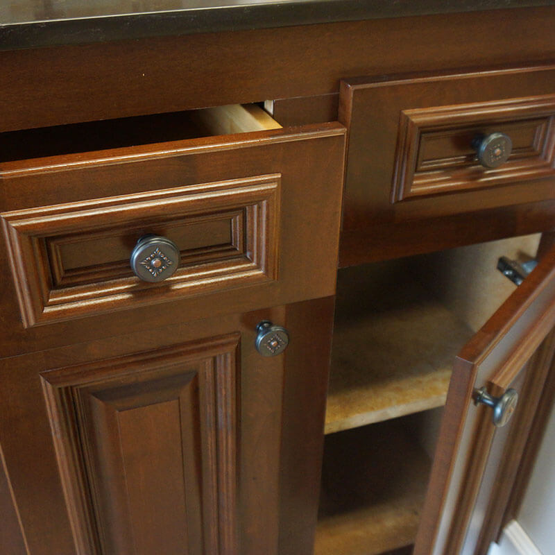 Replacement drawers with classic wood finish and updated hardware in Portland, OR